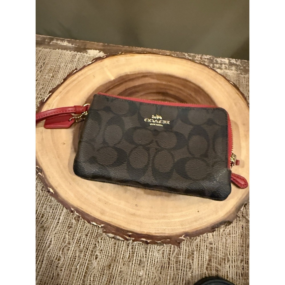 Coach Signature Logo Double Zip Wristlet Purse Brown Cherry Red F54057
